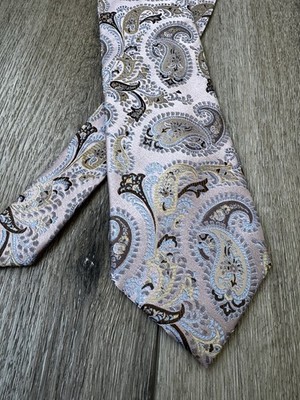 Bachrach Silk Tie Paisley Beige Blue Brown Handmade Formal Wedding Classic