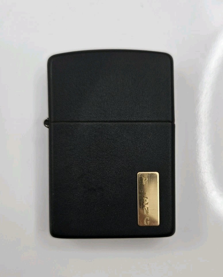 1980s Vintage Zippo Lighter - Black Matte With Brass Initial Panel