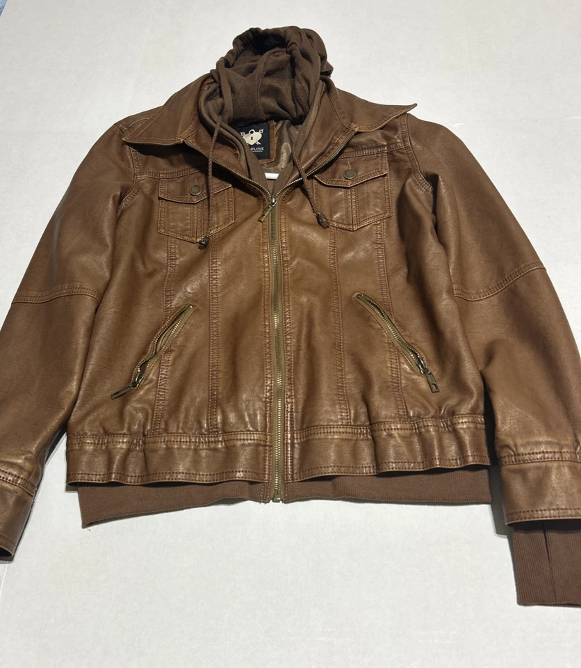 Chaqueta de Motocicleta LOCK AND LOVE Marrón Imitación Cuero Para Mujer L Con Capucha Punk Motociclista Usada Foto 3 de 4