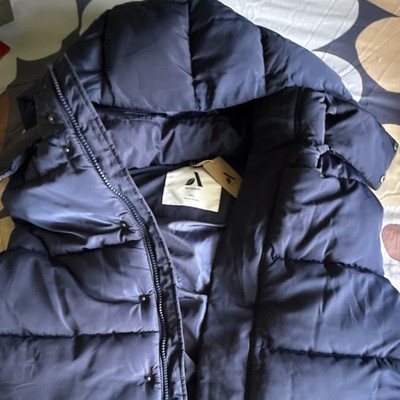Amazon Men's Zip Puffer Jacket Blue Size XL Mid-Length Stand-Up Collar