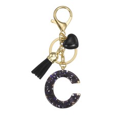 Alphabet Initial Letter Keychain Cute Charm with Tassel Heart Letter C Black 