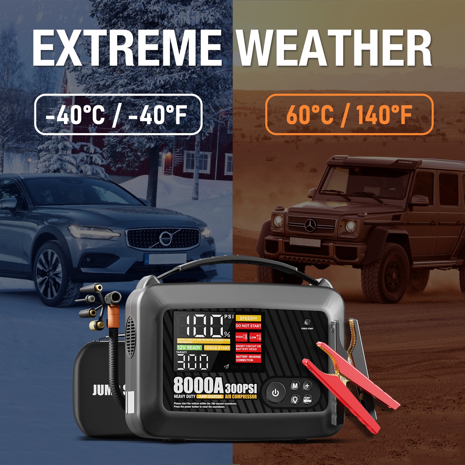 8000A Jump Starter Battery Booster Charger Supersafe Power Bank + Air Compressor