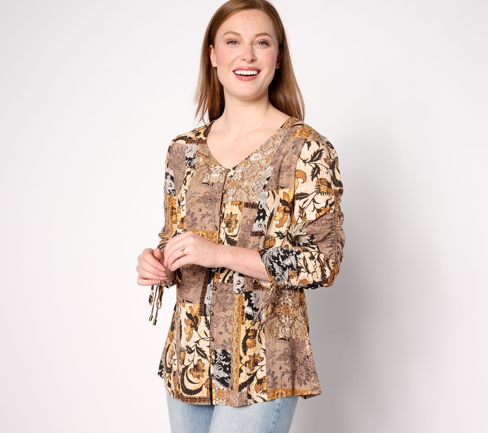 Susan Graver Women's Top Petite PM Passport Printed Rayon Woven Yellow A661672