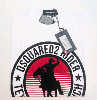 DSQUARED2 D2 T-SHIRT HERREN RIDER TEXAS RANCH COWBOY - S - WEISS - UVP 190£