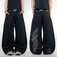 Vintage y2k grunge embroidered faded black baggy wide leg skater jeans