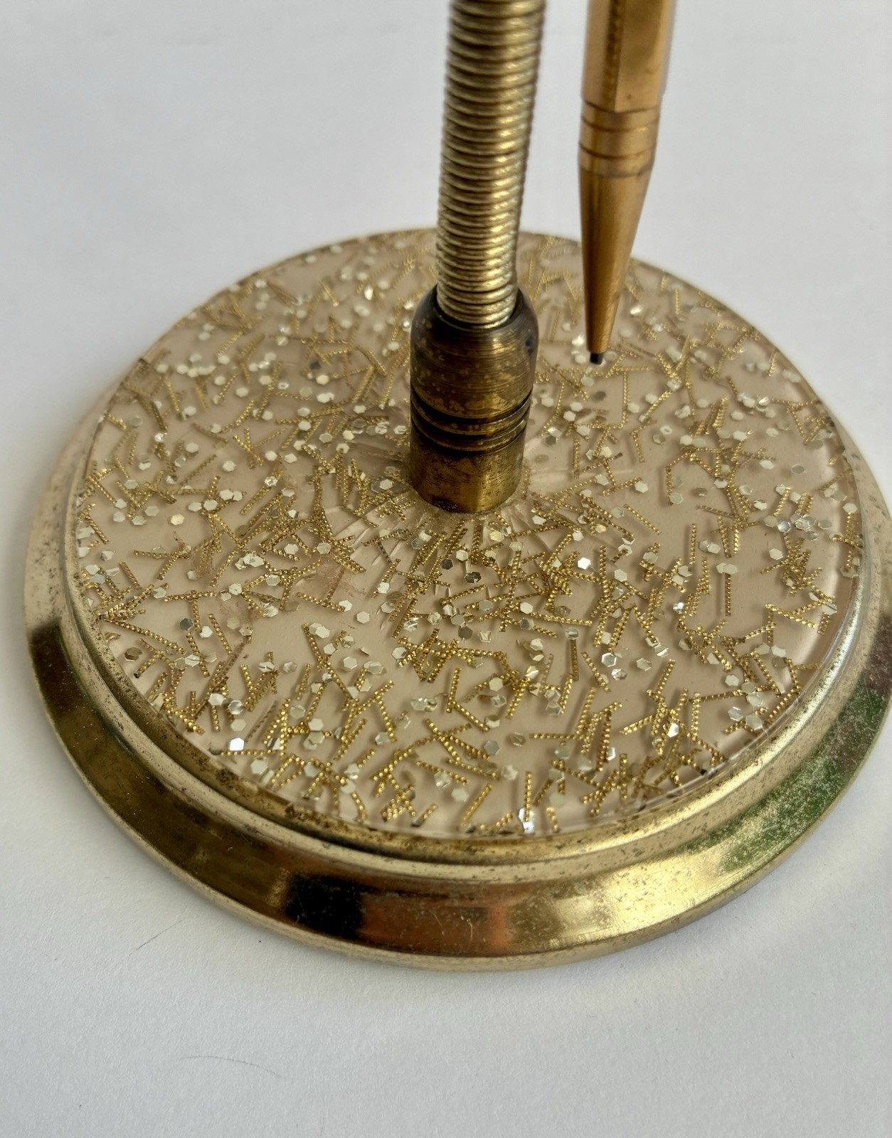 Park-Sherman VTG Mechanical Pencil Spring Stand Lt Pink Confetti Base Gold Metal