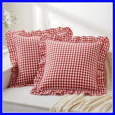 Elegant 20" x 20" Ruffle Red Plaid Pillow Covers - Comfortable Cotton Shams