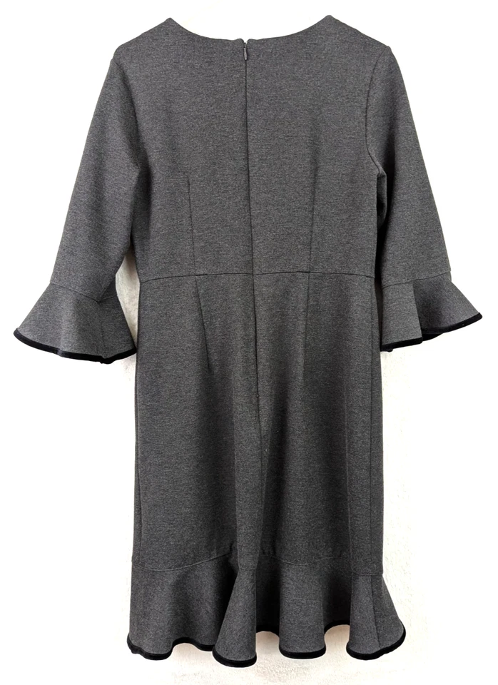Vestido Nanette Lepore talla 8 Bella Donna gris tejido mangas 3/4 volante elástico 0269 Foto 4 de 4