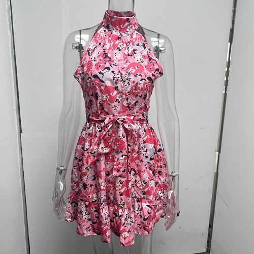 New Flowers Print Halterneck Dress Summer Fashion Temperament Lace-up Ruffled Dr - Picture 6 of 8