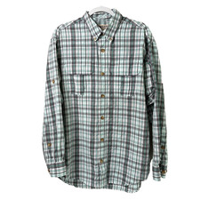 Duluth Trading Co Button Front Shirt Mens M Green Gray Plaid Roll Tab Outdoors