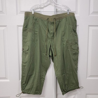 Terra Sky Womens Crop Capri Cargo Pants Pull On Drawstring Olive Green Size 2X