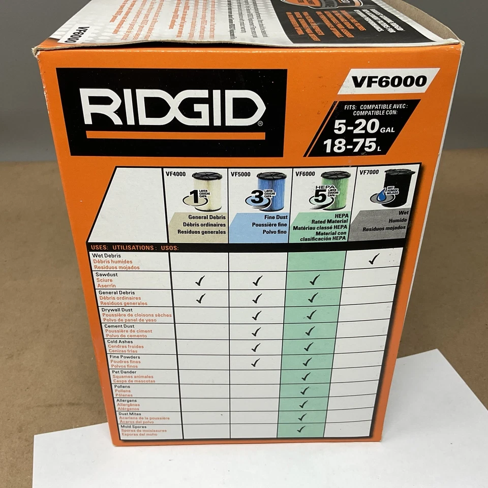 Cartucho de filtro HEPA de 5 capas Ridgid VF6000 HEPA verde húmedo/seco húmedo aspiradora Foto 2 de 4