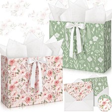 2 PCS Large Floral Gift Bags 13 Inch Tissue Paper Ribbon Card Envelope Woman