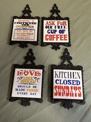 Interpur Kitchen Trivets Set of 4 1970's Wrot Iron & Tile  Catchy Phrases VTG MC
