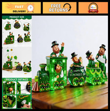 3 Pcs St. Patrick's Day Train Figurine Set - Lighted Leprechaun Resin Decor for