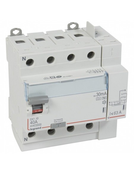 INTERRUPTEUR DIFFERENTIEL DX3 TETRAPOLAIRE 40A HPI 30MA LEGRAND 411658