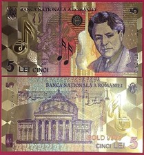 ROMANIA 5 LEI 2005 BU,FANTASY NOTE,GOLD FOIL,PORTRAIT OF GEORGE ENESCU (1881-195