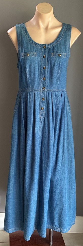 KATIES Chambray Denim Maxi Dress Size 8 10 Pockets Button Front Sheath *Read