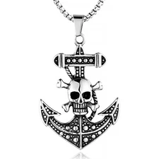 Seven Seas Pirates Pirate Skull Anchor Necklace Pendant - Stainless Steel