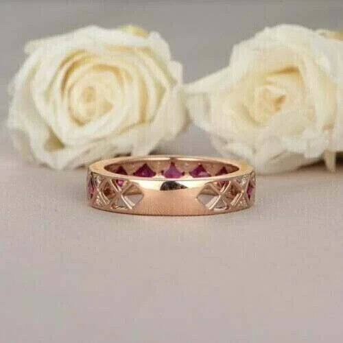 2Ct Princess Cut Lab Created Ruby Art Deco Vintage Ring 14K Yellow Gold Plated - Picture 2 of 7