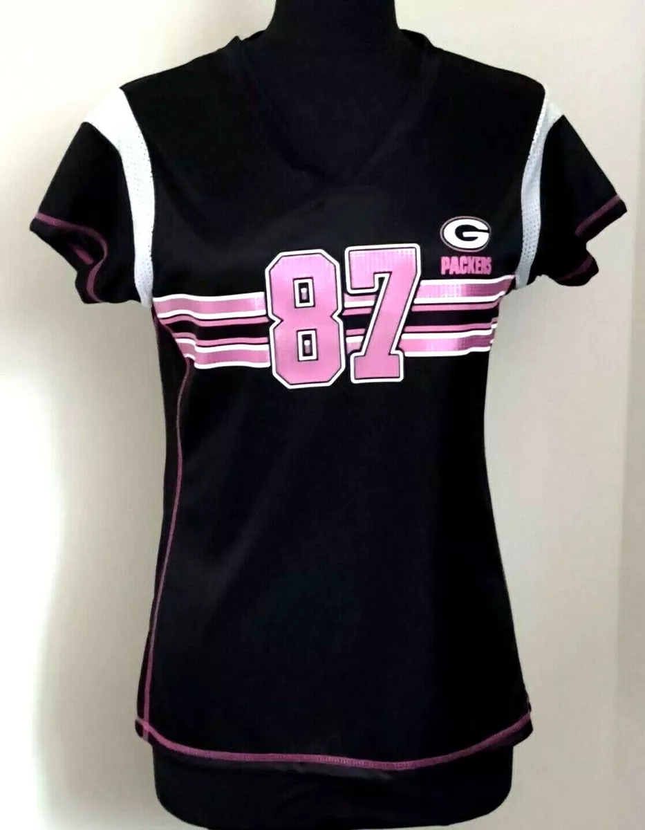 Green Bay Packers Jersey Women's Medium V Neck #87 NELSON Black Pink Print