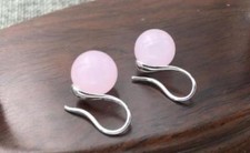 10mm Jewelry Natural Pink Jade Dangle Silver Hook Earrings AAA 