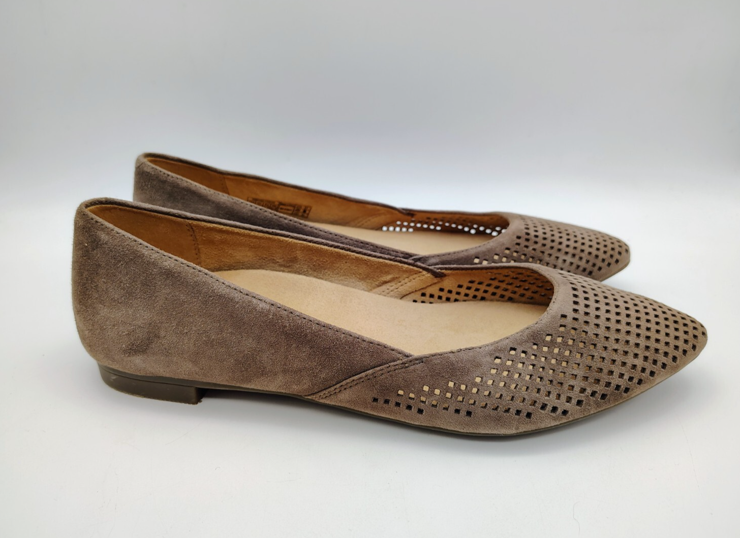 Vionic Posey Taupe Perforated Suede Leather Flats Women Size 9.5 Comfort Slip-On Shoes