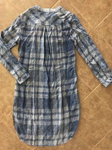 Camisa de vestir de tela y piedra para mujer cambray pequeña azul bolsillo a cuadros alto-bajo - Imagen 2 de 9