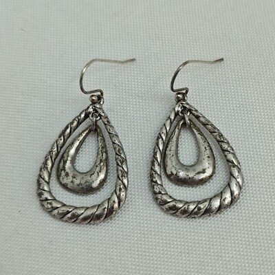 Chicos Silver Double Teardrop Earrings Dangle Antiqued Gray Shephard Hook Back