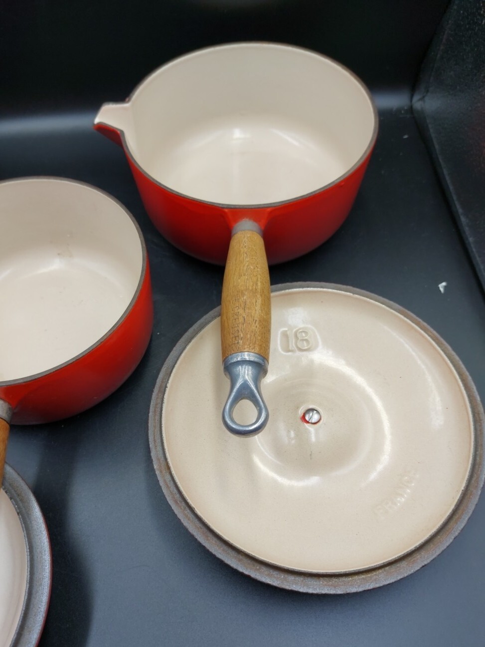 Le Crueset Cast Iron Saucepan Set X 3 (14, 16, and 18 Cm) Volcanic Red