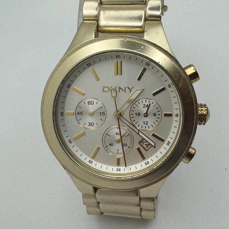 DKNY Reloj Cuarzo Unisex Tono Dorado Aluminio Cronógrafo Analógico Batería Nueva 6" Foto 2 de 4