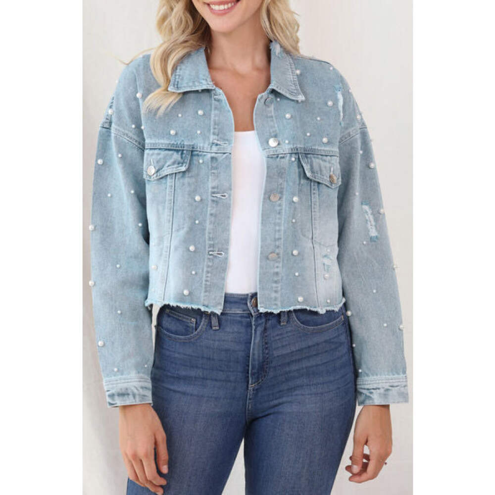 Distressed Pearl Trim Button Up Denim Jacket UK