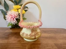 Fenton Burmese Glass Basket Hand-Painted Signed Kay Davis Ruffled Rim Vintage