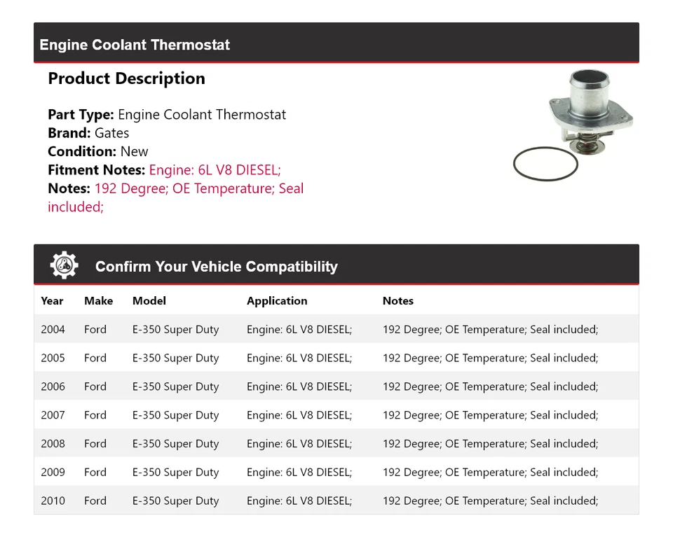 Para Ford E-350 Super Duty 2004-2010 6L V8 Motor Diesel Refrigerante Termostato Puertas Foto 2 de 4
