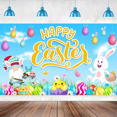 Happy Easter Banner Colorful Bunny Egg Spring Party Photo Backdrop Decor Blue