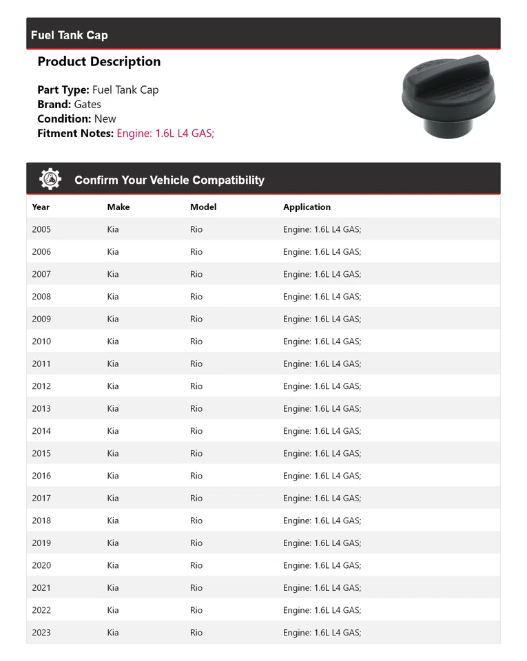 For 2005-2023 Kia Rio 1.6L L4 GAS Fuel Tank Cap Gates 2006 2007 2008 2009 2010 - Image 2 of 4