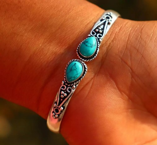 Bracciale in argento sterling massiccio 925 fatto a mano pietra turchese naturale misura 7-8" - Foto 4 di 5