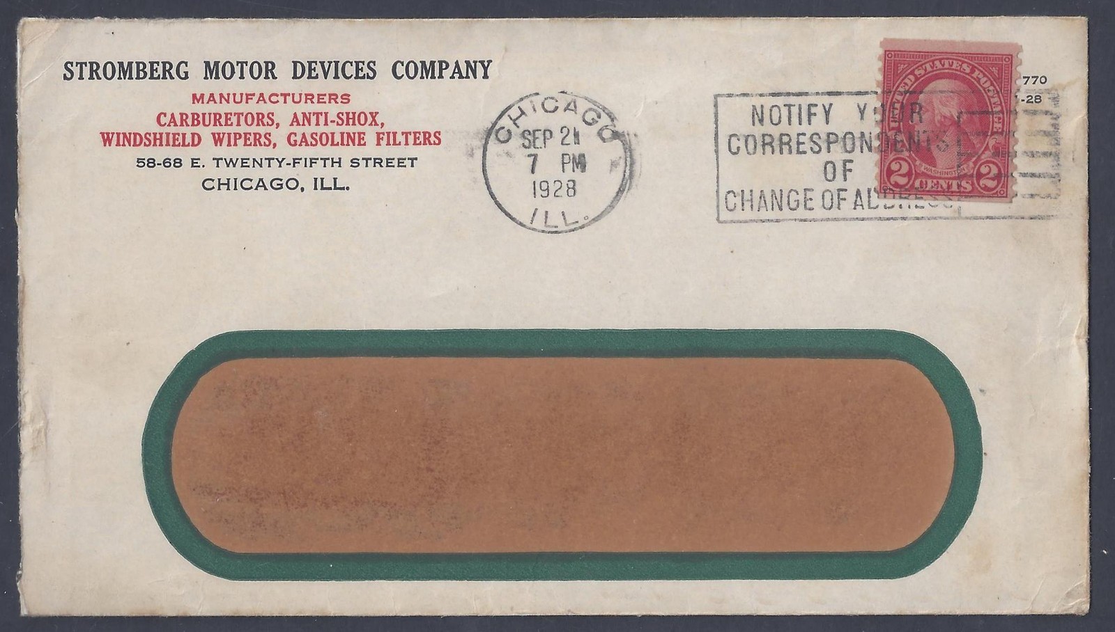 Us 1928 Advertising Cover Stromberg Motor Co Chicago Il Franked 2¢ Coil Motorize