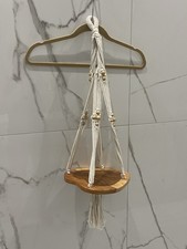Boho Macrame Potted Plant Flower Hanger w/ Wooden Shelf EUC Wood Beads 30 EUC