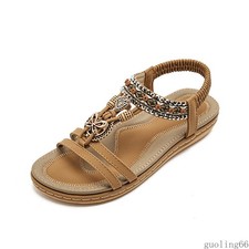 Women's Bohemian Beaded Flat Sandals Elastic Back Strap Summer Beach Shoes