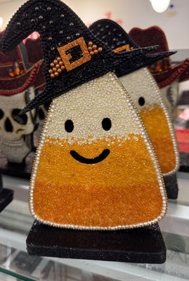 Halloween Beaded Wood Candy Corn w/ Witch Hat Free Standing Decoration 10'' x 6''