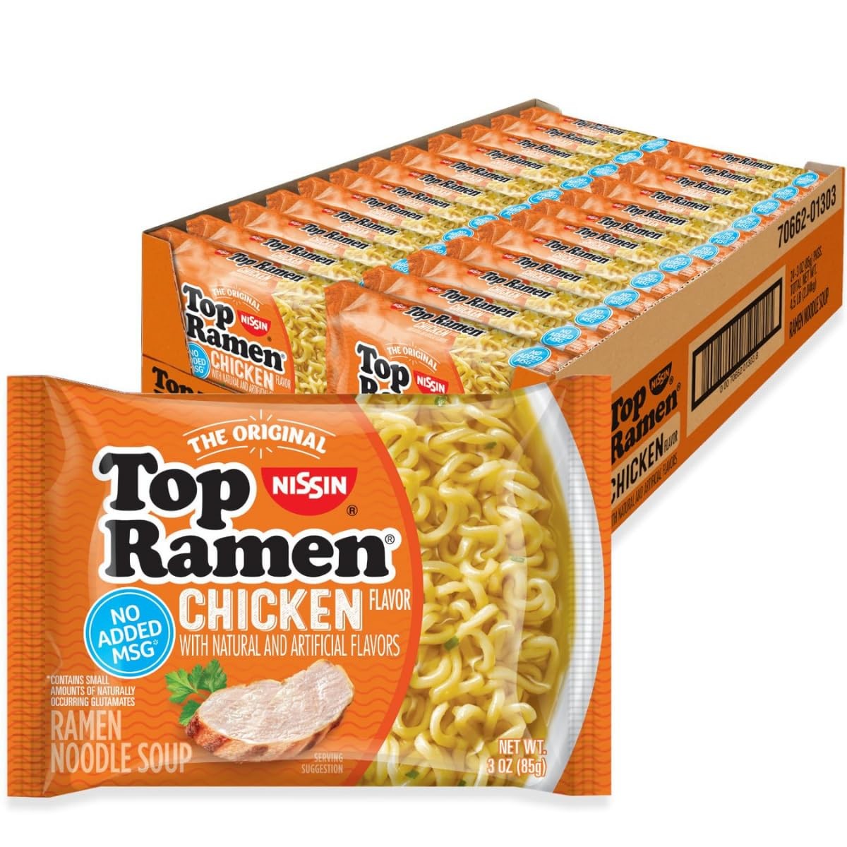 Nissin Top Ramen Noodle Soup, Chicken, 3 Ounce 3 Count (Pack of 24), Yellow
