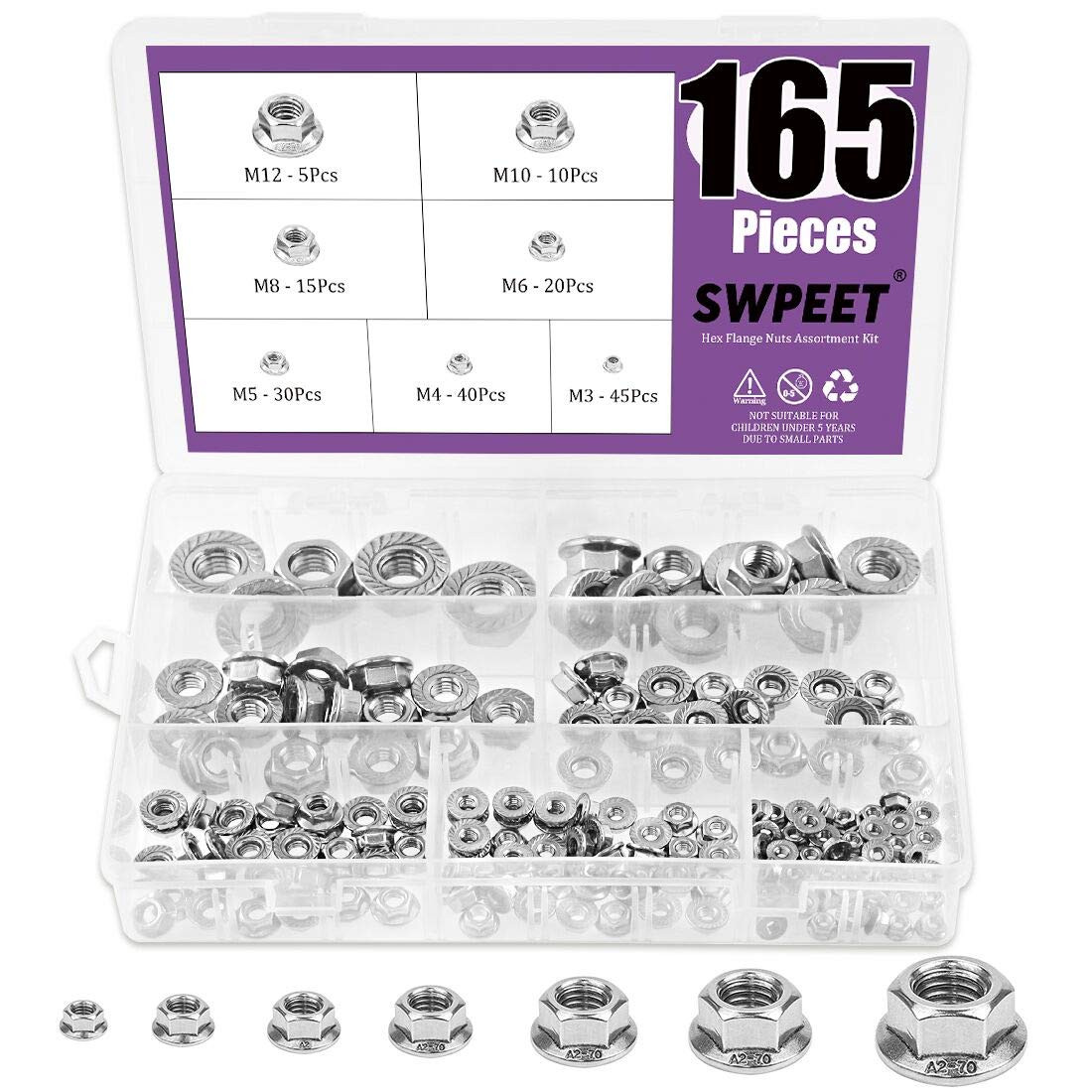 165Pcs Stainless Steel Serrated Flange Nut Assortment M3-M12 for Secure Fastenin