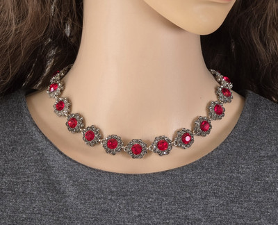 Red Rhinestone Necklace Victorian Style 16 In Statement Special Occasion Silver