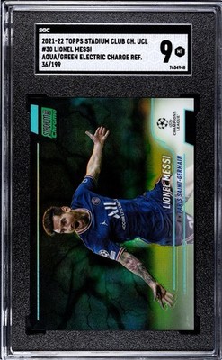 2021-22 Topps Stadium Club Chrome UCL Lionel Messi Aqua Electric Charge SGC /199