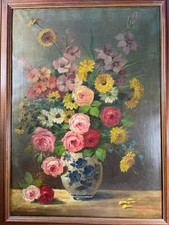 P. Hallescheck Gemälde Blumen Stillleben 1946 Blumenstrauß Rosen Gladiolen