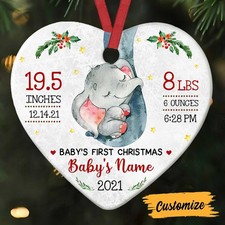Personalized Elephant Baby First Christmas Heart Ornament Heart Ceramic Ornament