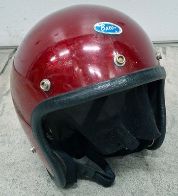 Vintage BUCO Open Face Motorcycle Helmet Red Metal Flake MEDIUM 3/4 Cafe Racer