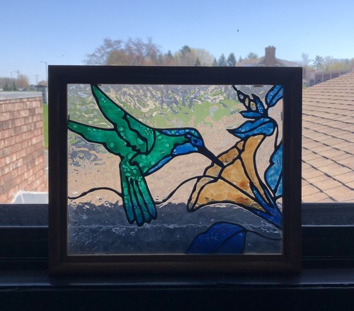 Unique Handcrafted Colored Art Glass Wood Framed Hummingbird Suncatcher