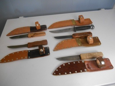 VTG LOT, COLLECTION OF 5 HADEMADE FIXED BLADE KNIVES WITH LEATHER SHEATHS